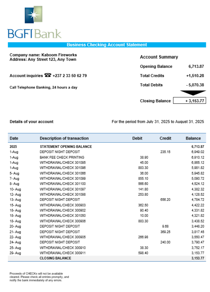 Relevé bancaire professionnel BGFI au format Word et PDF